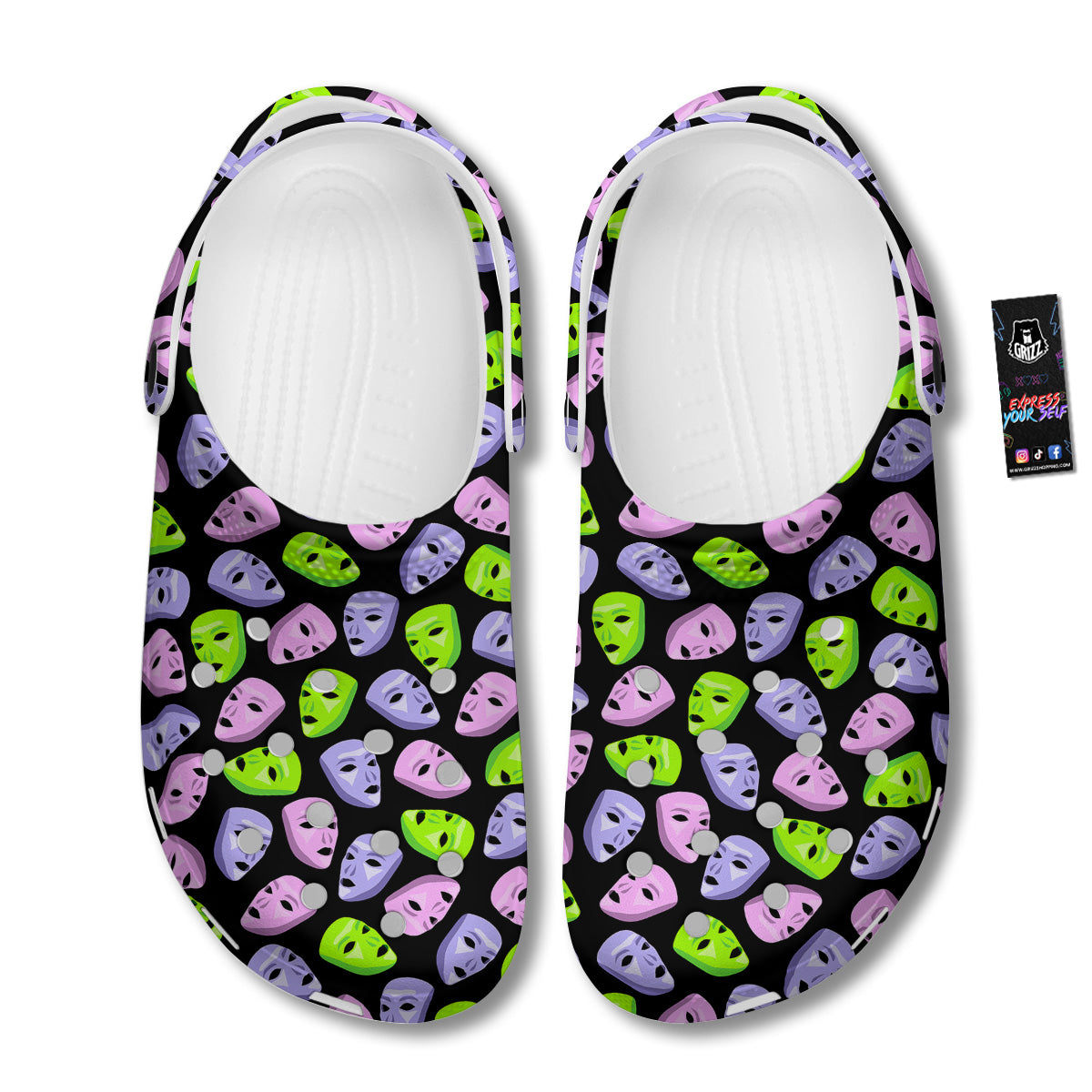 Pink Green And Purple Theater Masks Print Pattern Clog-grizzshop