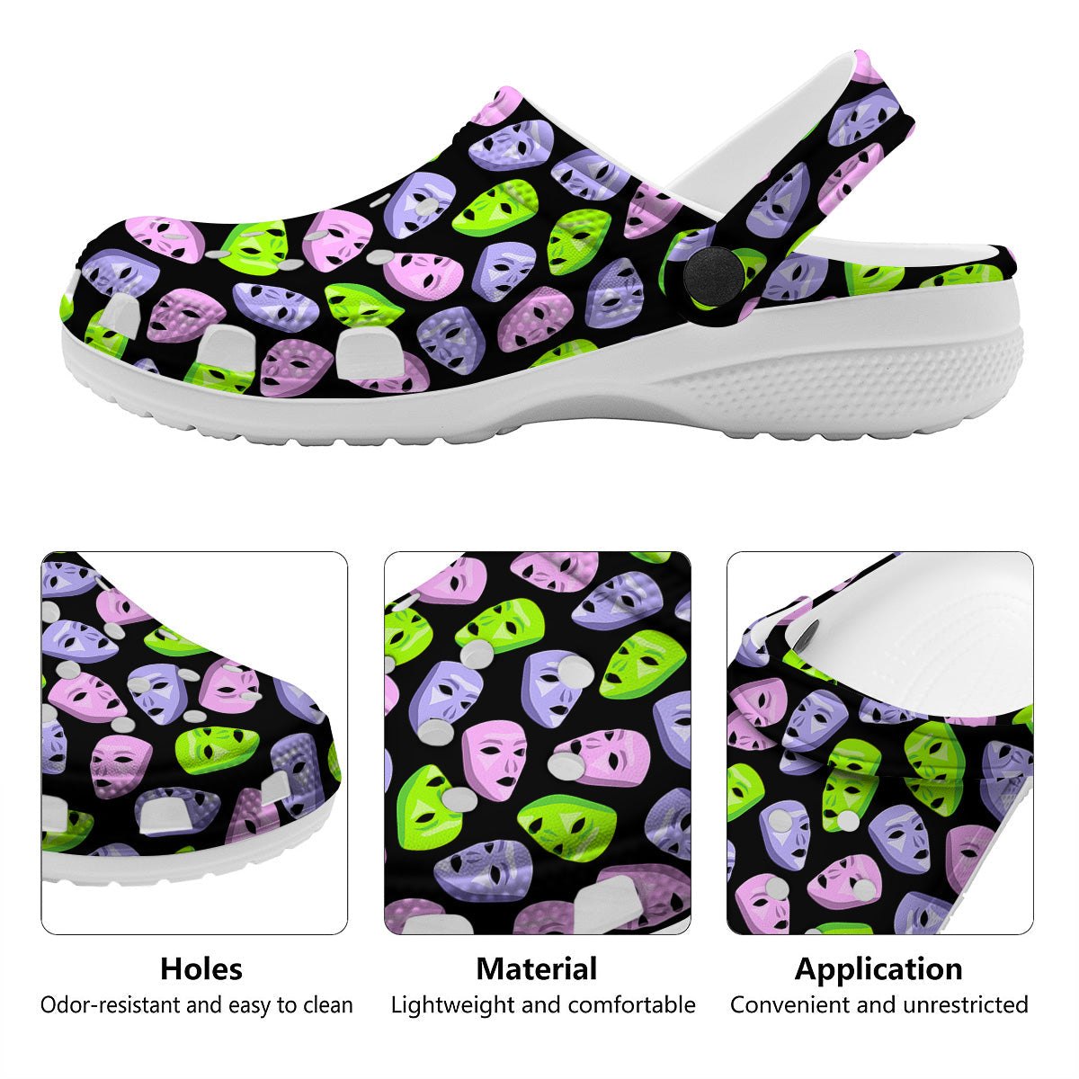 Pink Green And Purple Theater Masks Print Pattern Clog-grizzshop