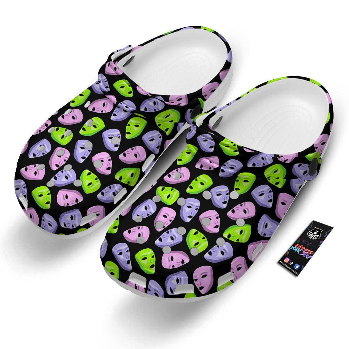 Pink Green And Purple Theater Masks Print Pattern Clog-grizzshop