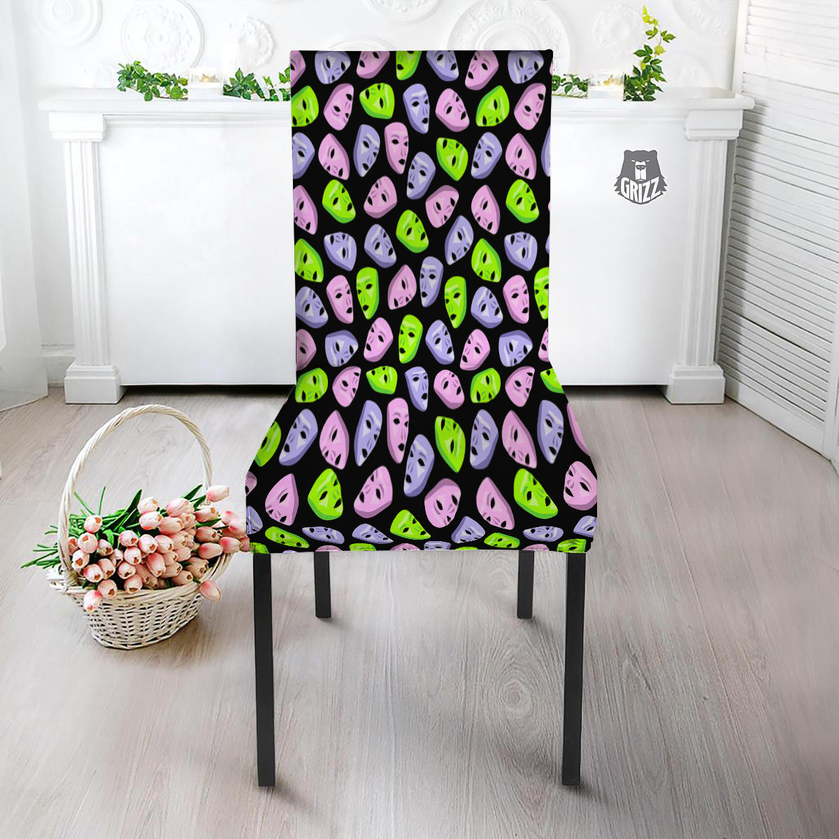 Pink Green And Purple Theater Masks Print Pattern Dining Chair Slipcover-grizzshop