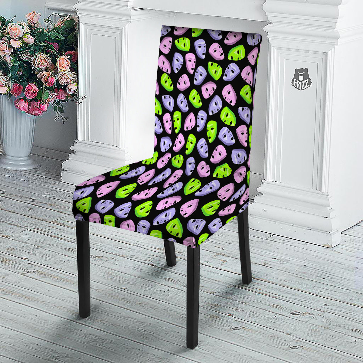 Pink Green And Purple Theater Masks Print Pattern Dining Chair Slipcover-grizzshop