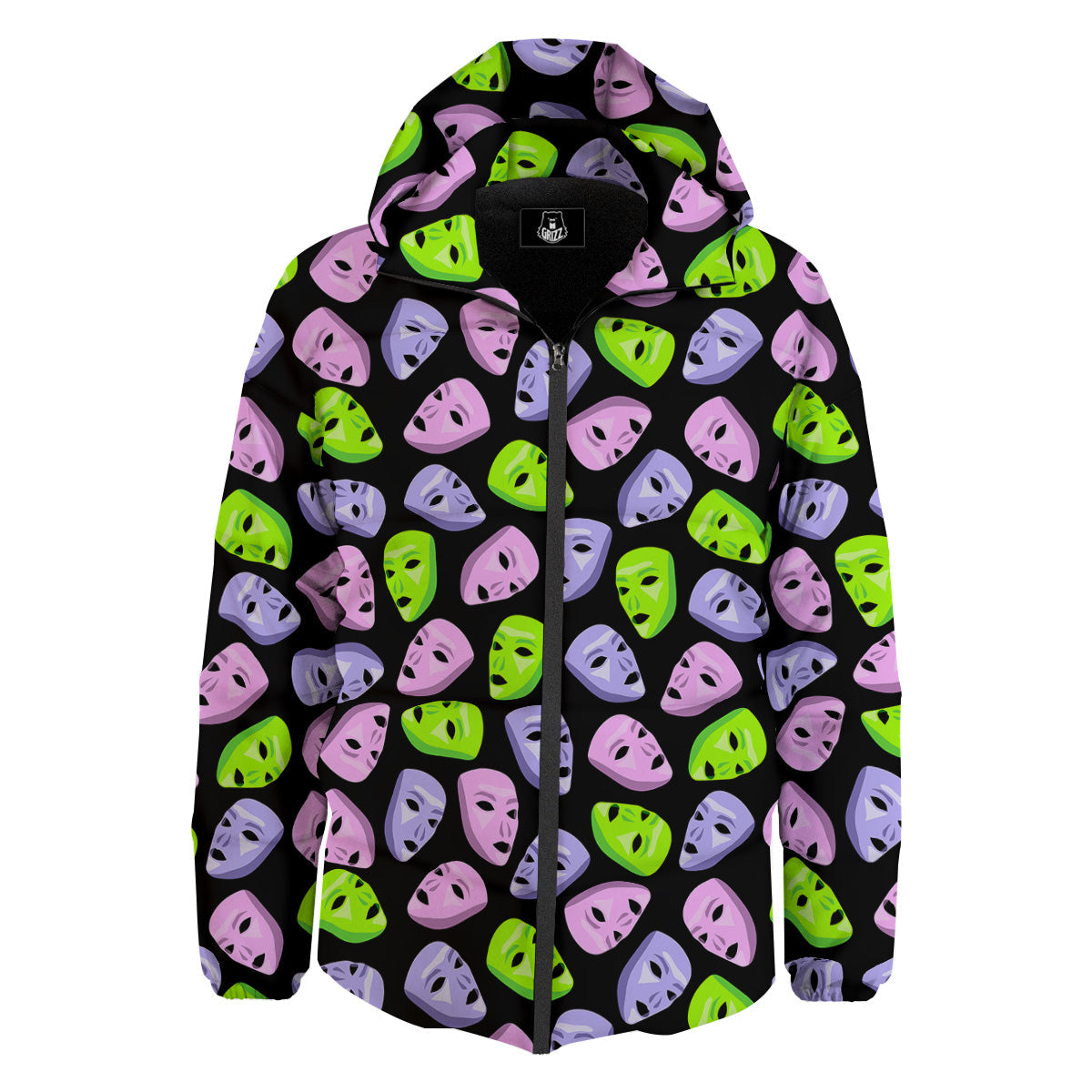 Pink Green And Purple Theater Masks Print Pattern Down Jacket-grizzshop