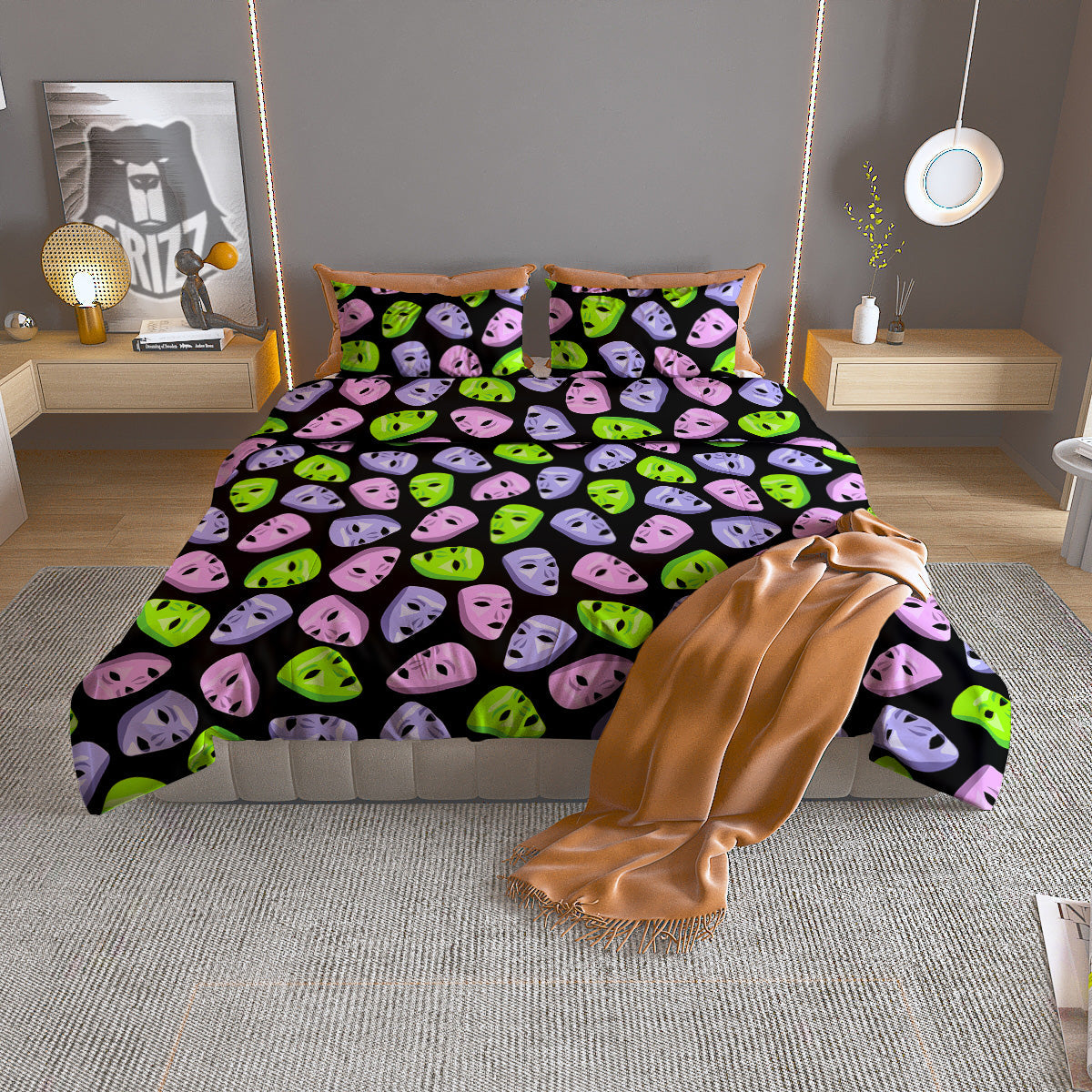 Pink Green And Purple Theater Masks Print Pattern Duvet Cover Bedding Set