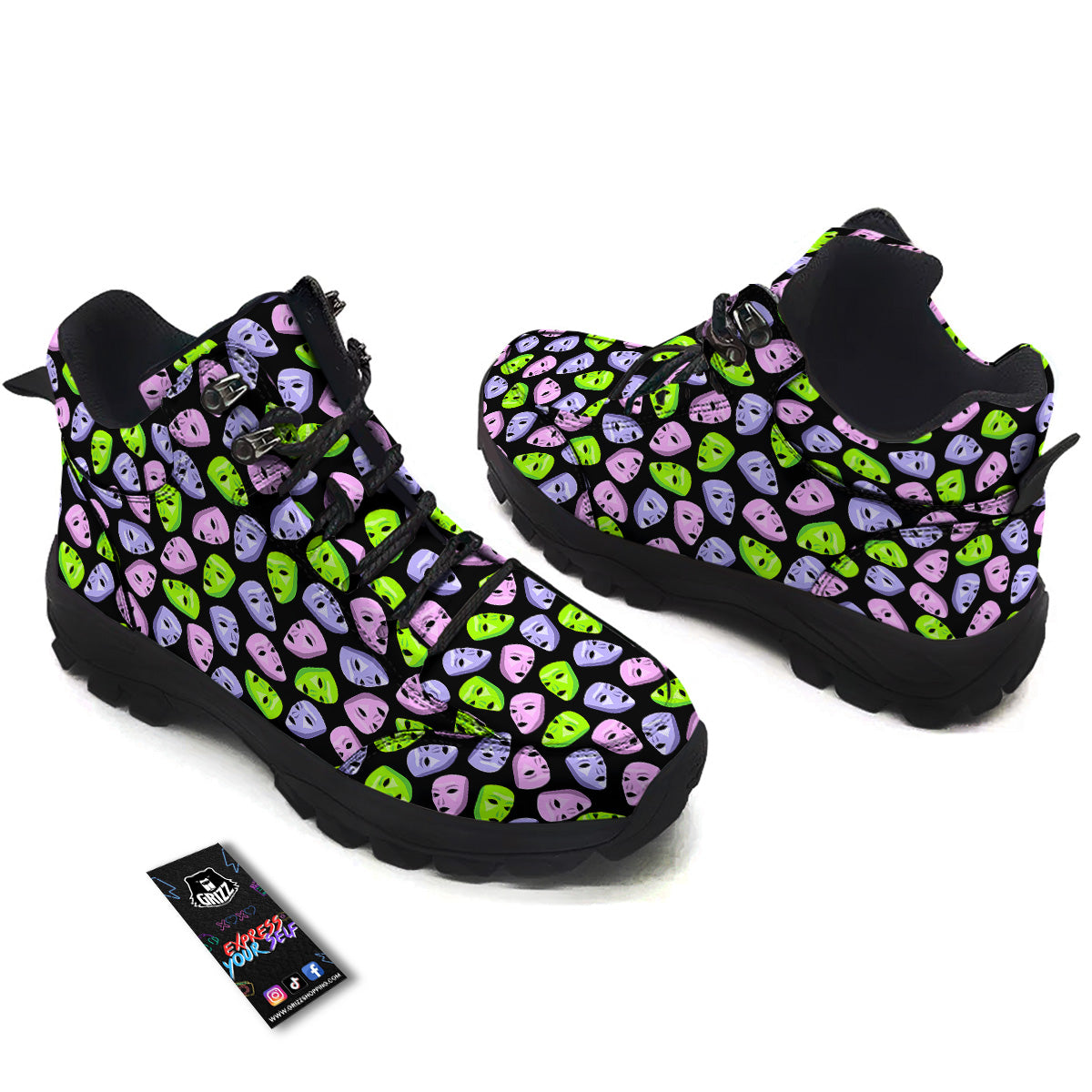 Pink Green And Purple Theater Masks Print Pattern Hiking Shoes-grizzshop