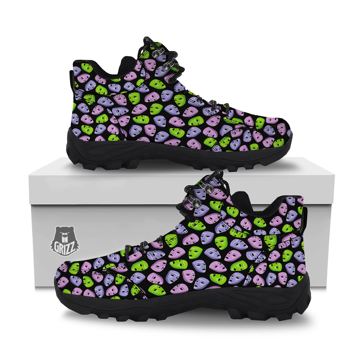 Pink Green And Purple Theater Masks Print Pattern Hiking Shoes-grizzshop