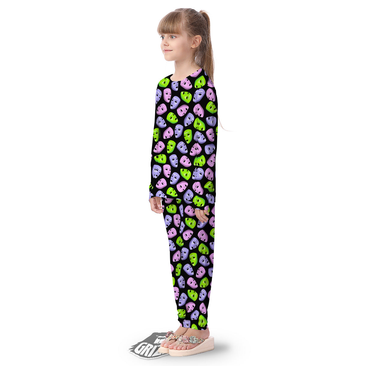 Pink Green And Purple Theater Masks Print Pattern Kid's Pajamas-grizzshop