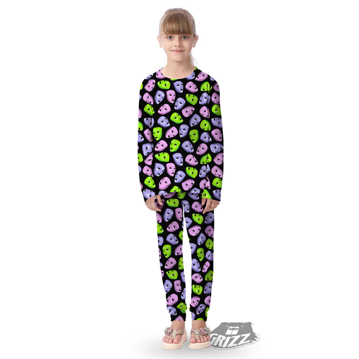 Pink Green And Purple Theater Masks Print Pattern Kid's Pajamas-grizzshop