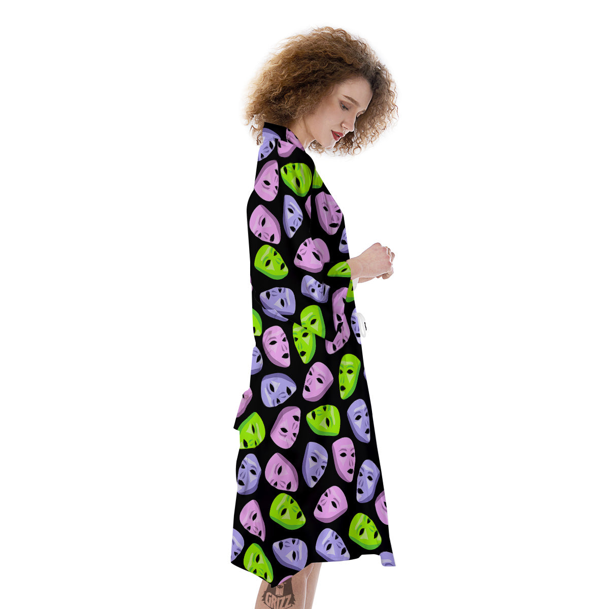 Pink Green And Purple Theater Masks Print Pattern Kimono-grizzshop