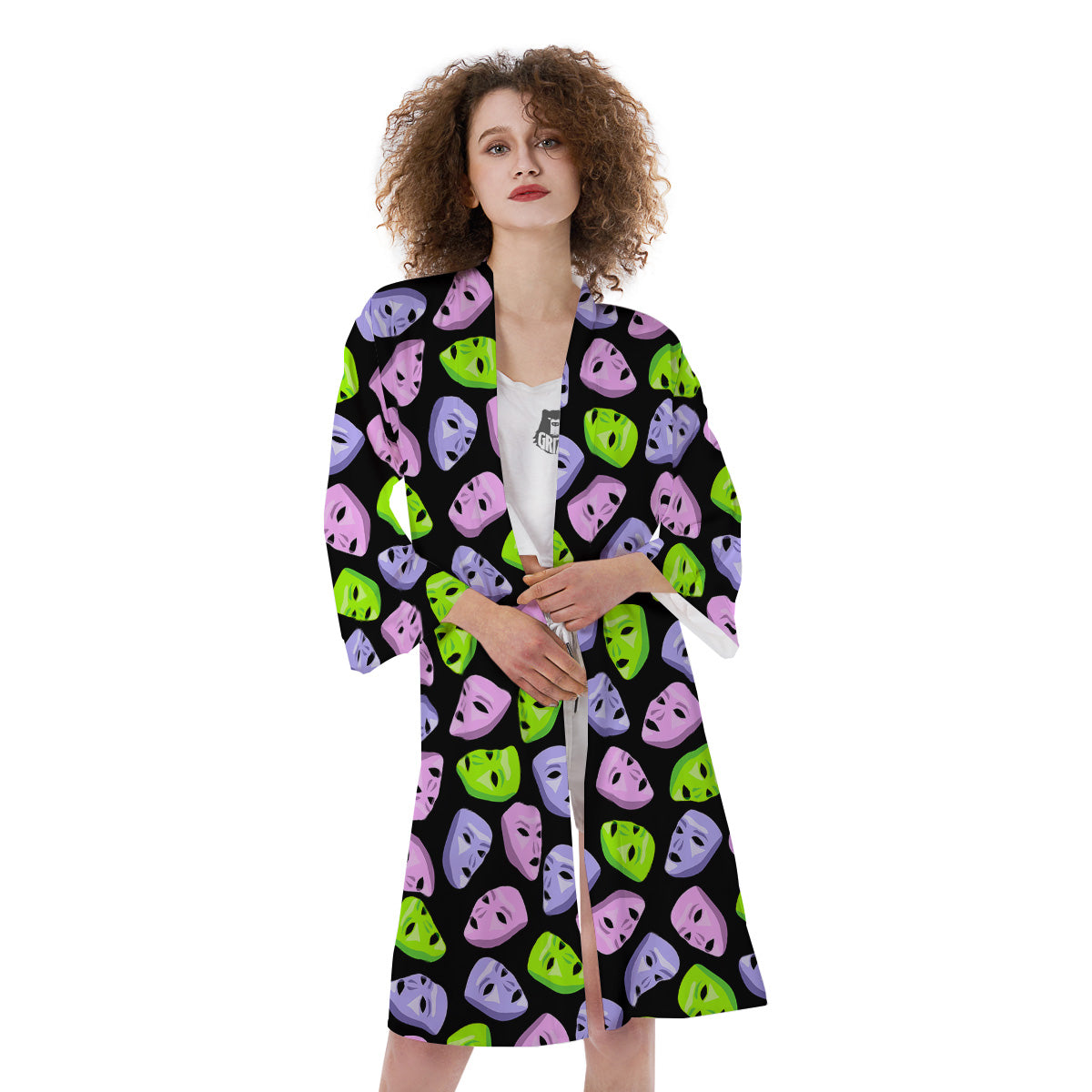 Pink Green And Purple Theater Masks Print Pattern Kimono-grizzshop
