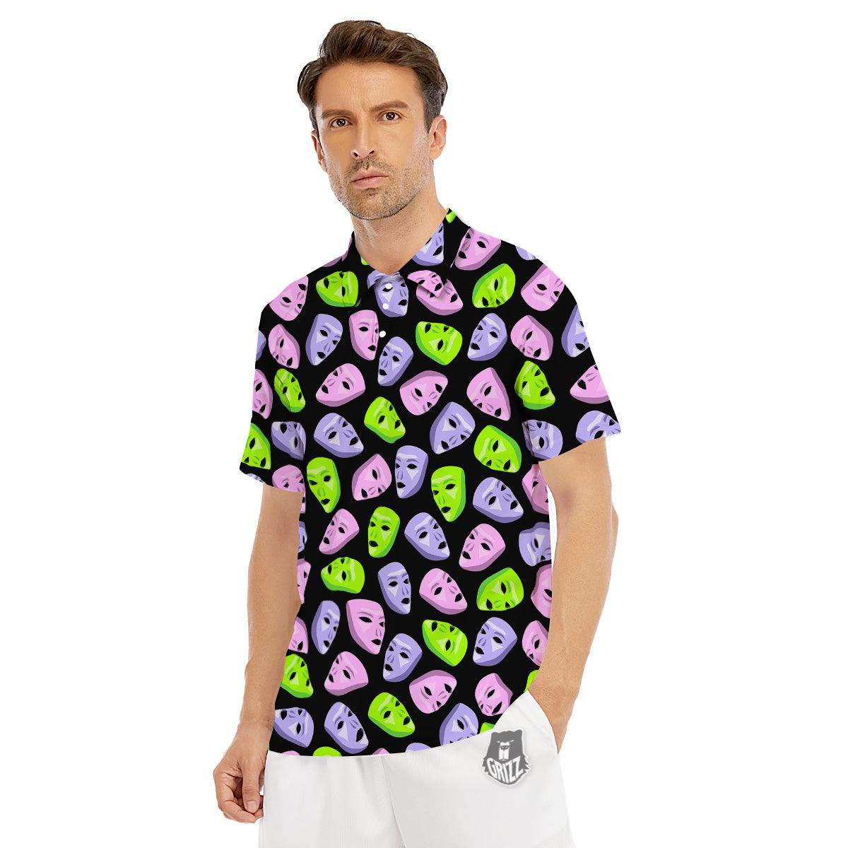 Pink Green And Purple Theater Masks Print Pattern Men's Golf Shirts-grizzshop