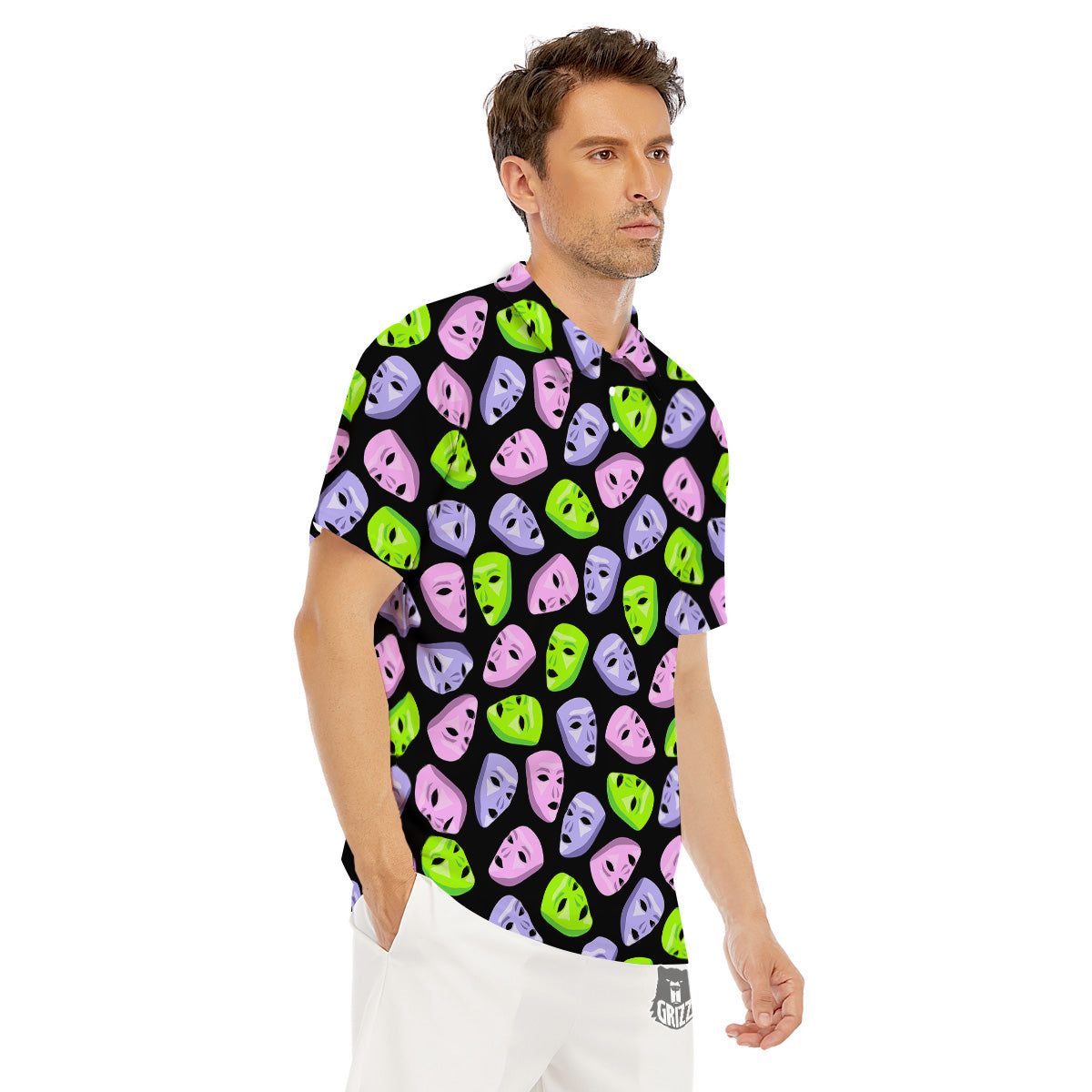 Pink Green And Purple Theater Masks Print Pattern Men's Golf Shirts-grizzshop