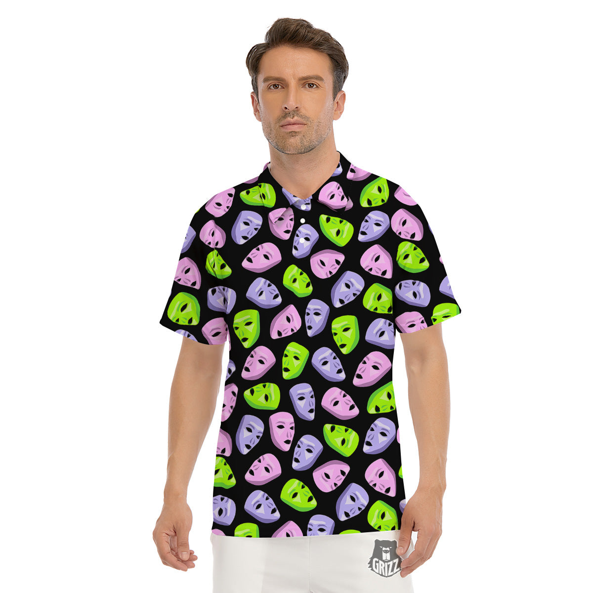 Pink Green And Purple Theater Masks Print Pattern Men's Golf Shirts-grizzshop