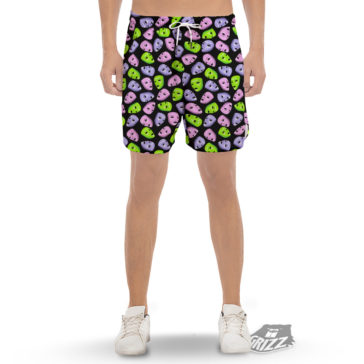 Pink Green And Purple Theater Masks Print Pattern Men's Gym Shorts-grizzshop