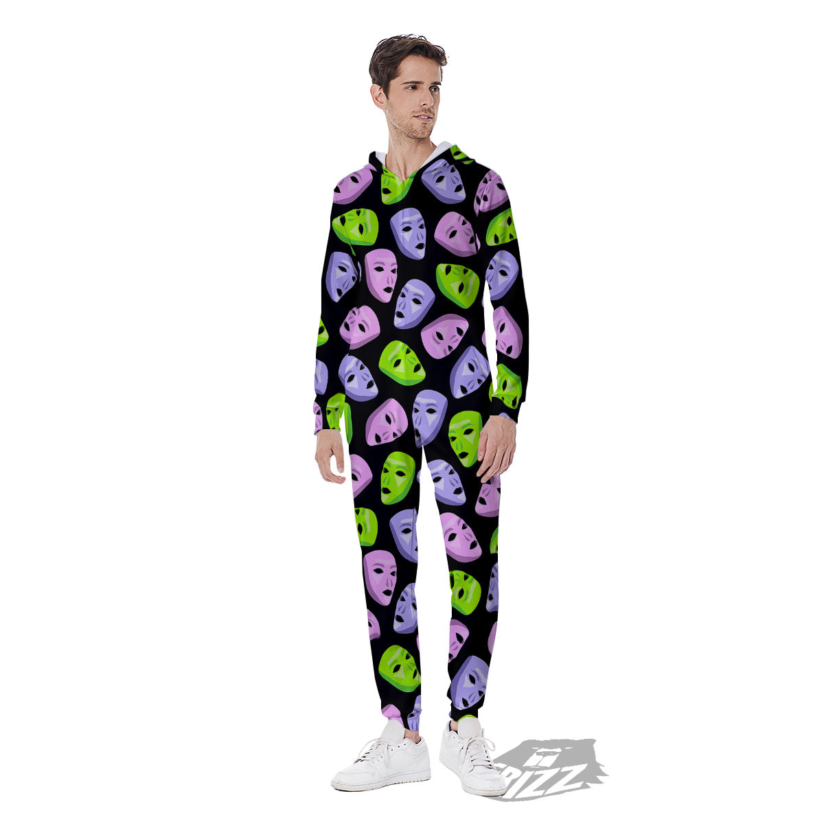 Pink Green And Purple Theater Masks Print Pattern Men's Jumpsuit-grizzshop
