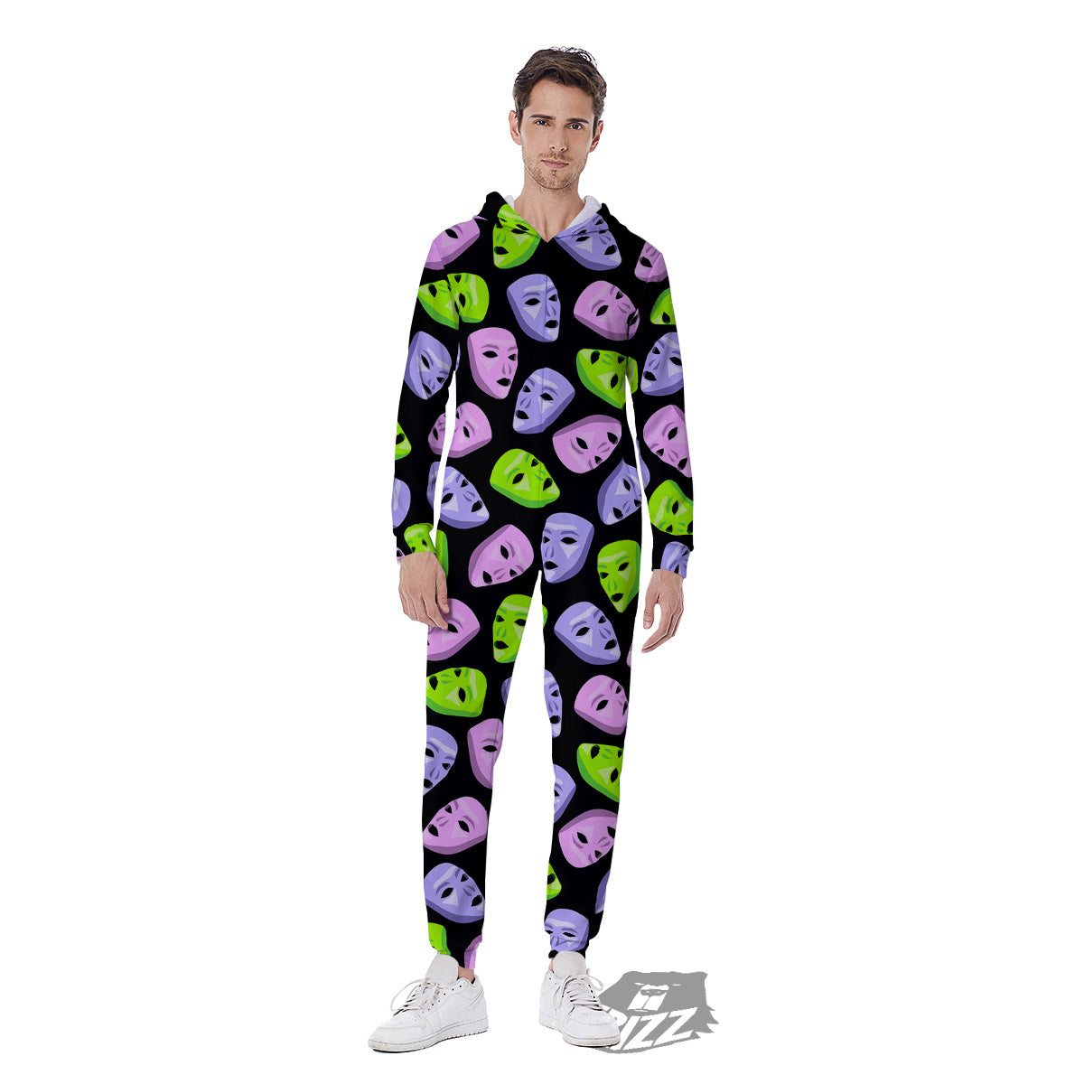 Pink Green And Purple Theater Masks Print Pattern Men's Jumpsuit-grizzshop
