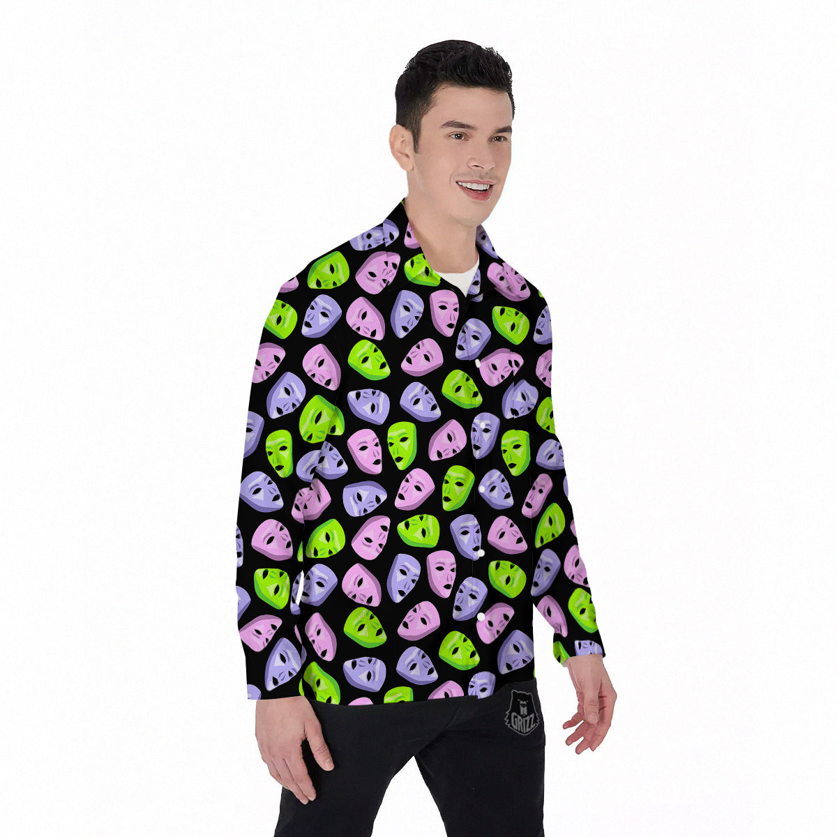 Pink Green And Purple Theater Masks Print Pattern Men's Long Sleeve Shirts-grizzshop
