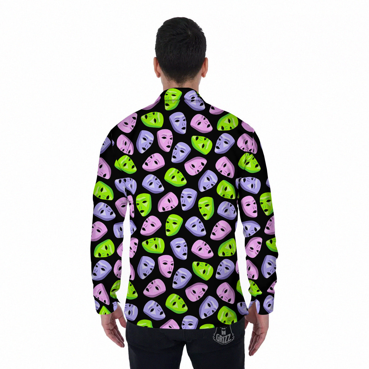 Pink Green And Purple Theater Masks Print Pattern Men's Long Sleeve Shirts-grizzshop