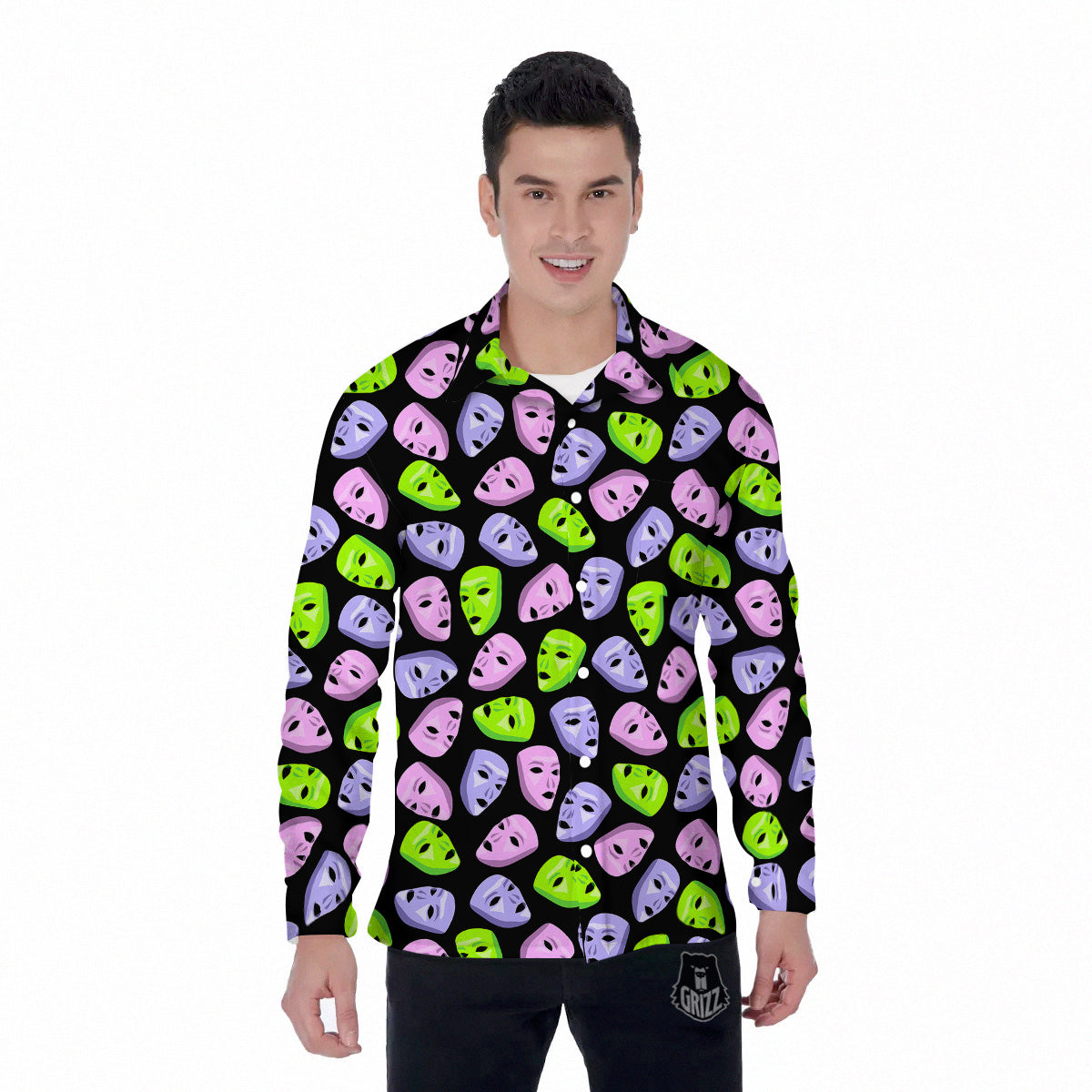 Pink Green And Purple Theater Masks Print Pattern Men's Long Sleeve Shirts-grizzshop