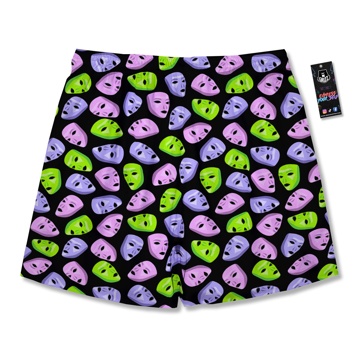 Pink Green And Purple Theater Masks Print Pattern Men's Running Shorts-grizzshop