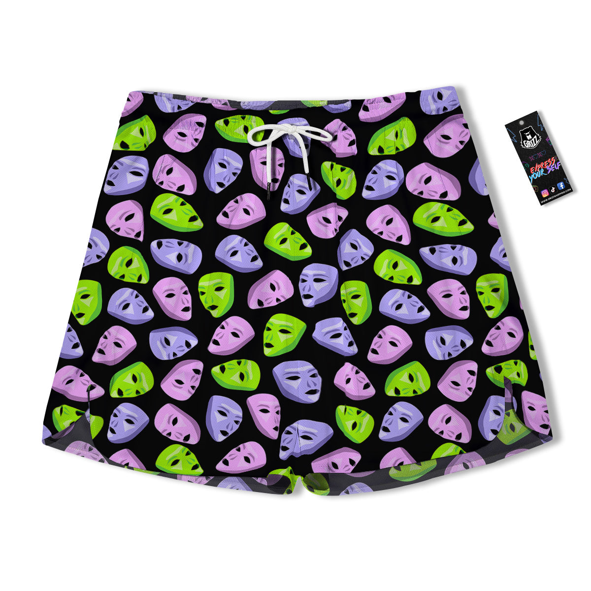 Pink Green And Purple Theater Masks Print Pattern Men's Running Shorts-grizzshop