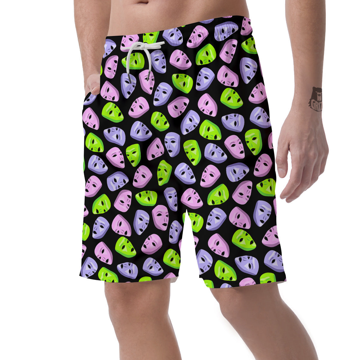 Pink Green And Purple Theater Masks Print Pattern Men's Shorts-grizzshop