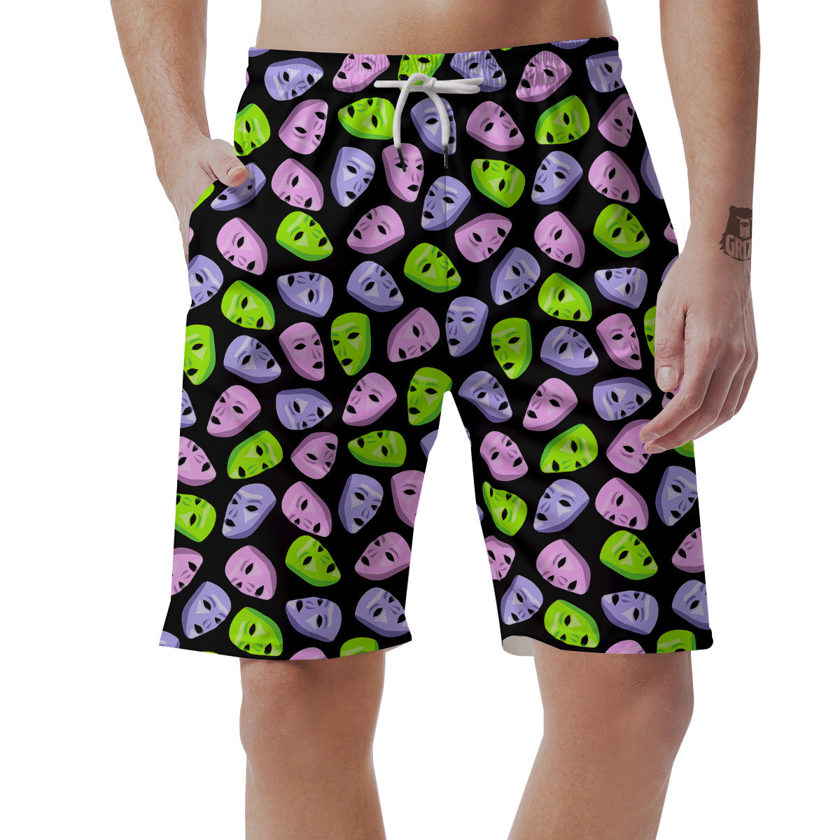 Pink Green And Purple Theater Masks Print Pattern Men's Shorts-grizzshop