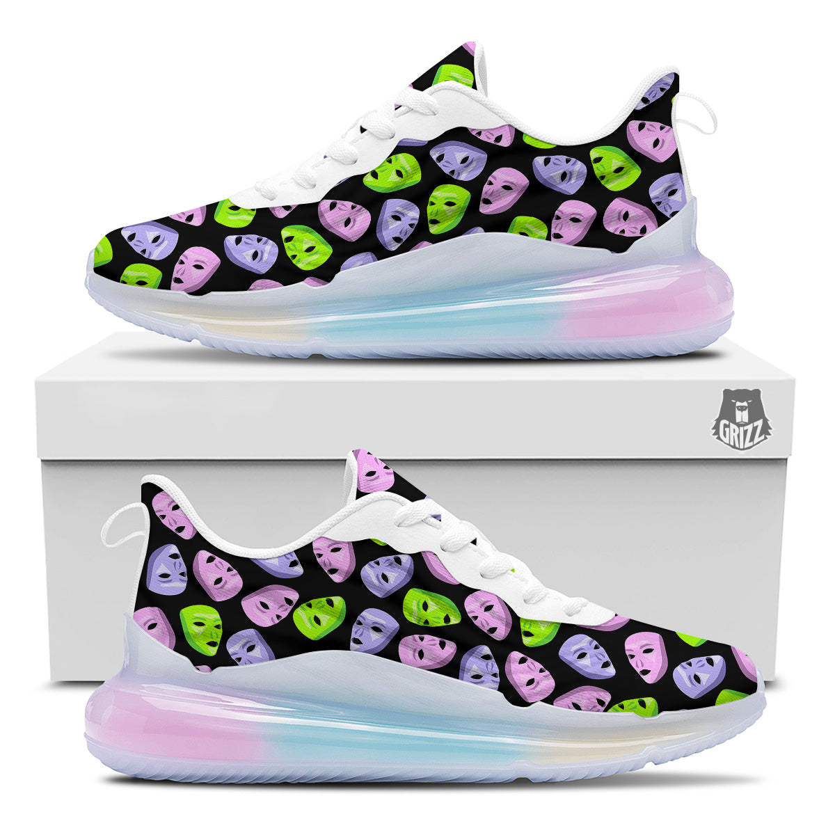Pink Green And Purple Theater Masks Print Pattern Running Sneakers-grizzshop