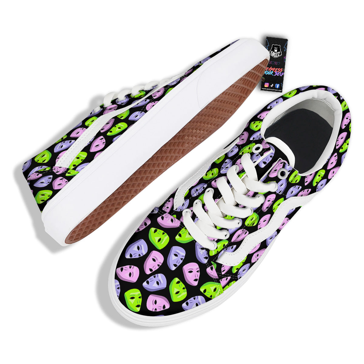 Pink Green And Purple Theater Masks Print Pattern Skate Shoes-grizzshop