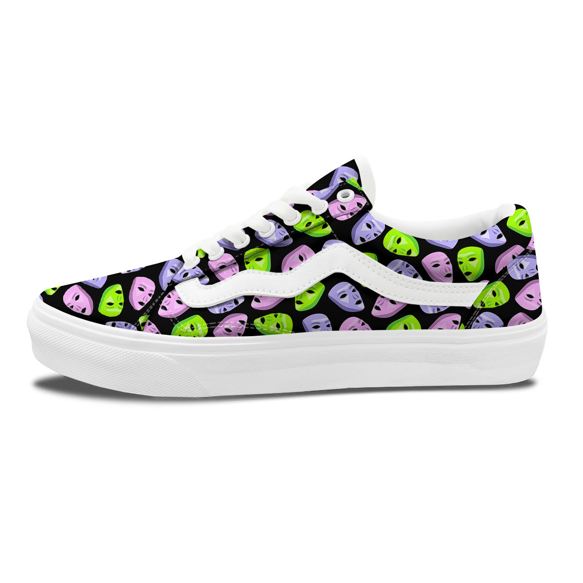 Pink Green And Purple Theater Masks Print Pattern Skate Shoes-grizzshop