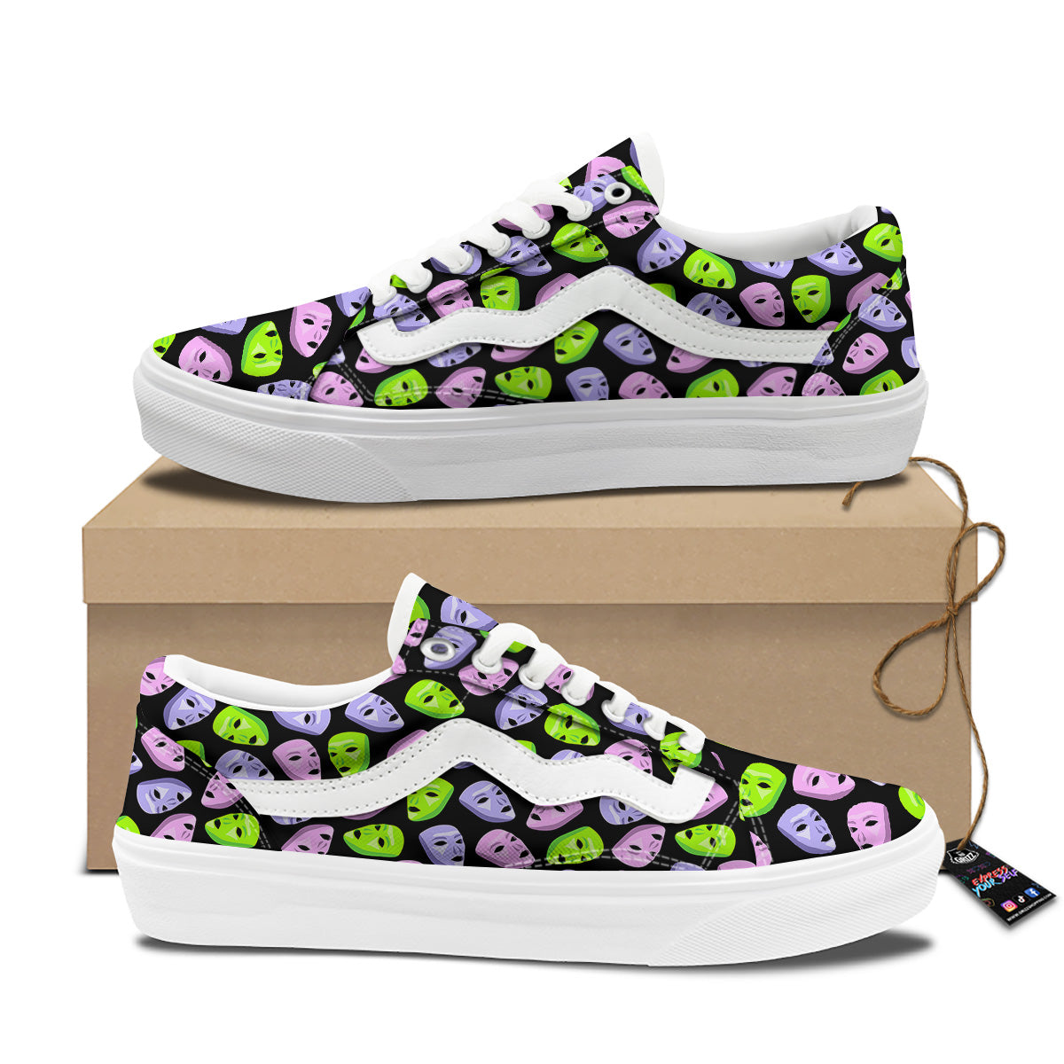 Pink Green And Purple Theater Masks Print Pattern Skate Shoes-grizzshop