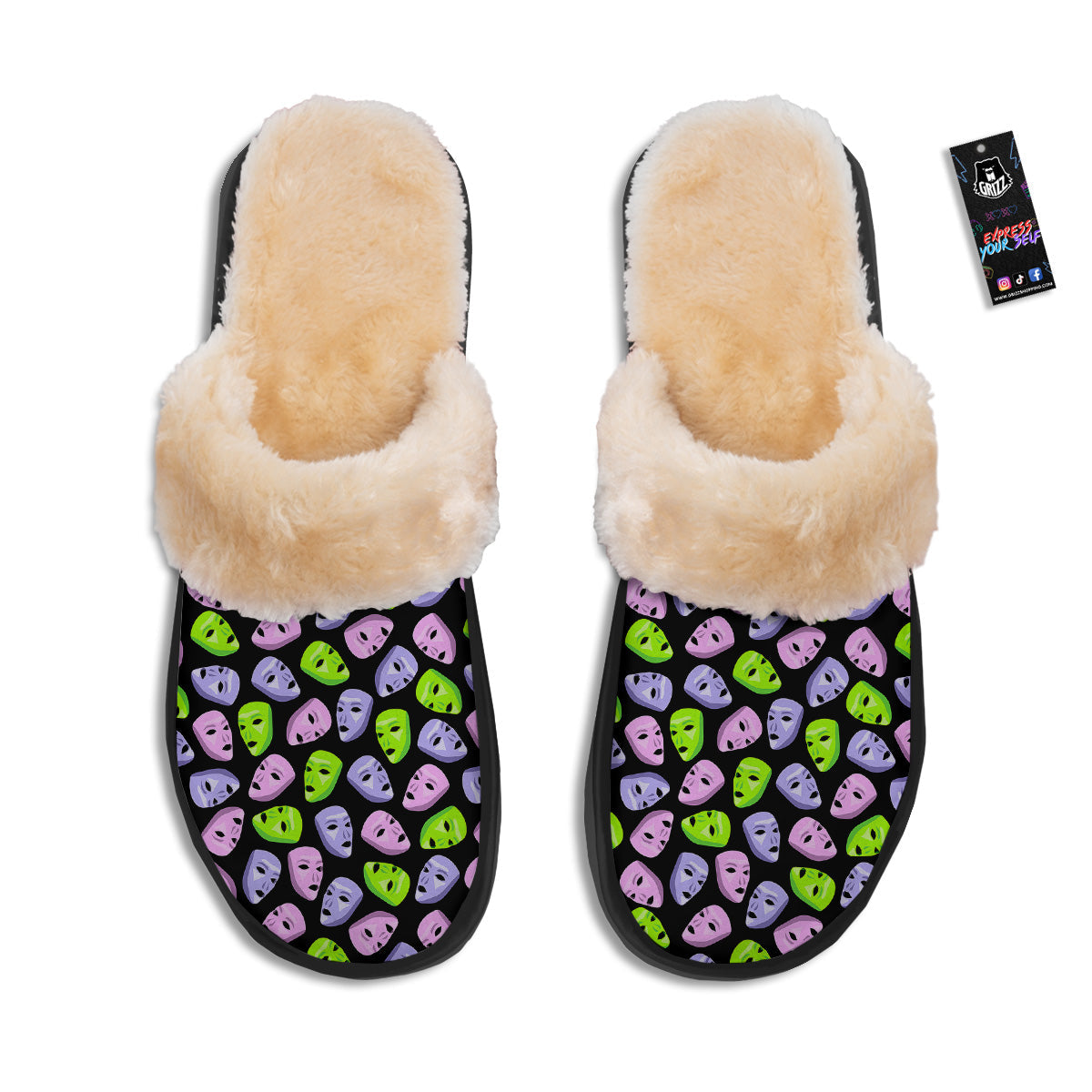 Pink Green And Purple Theater Masks Print Pattern Slippers-grizzshop