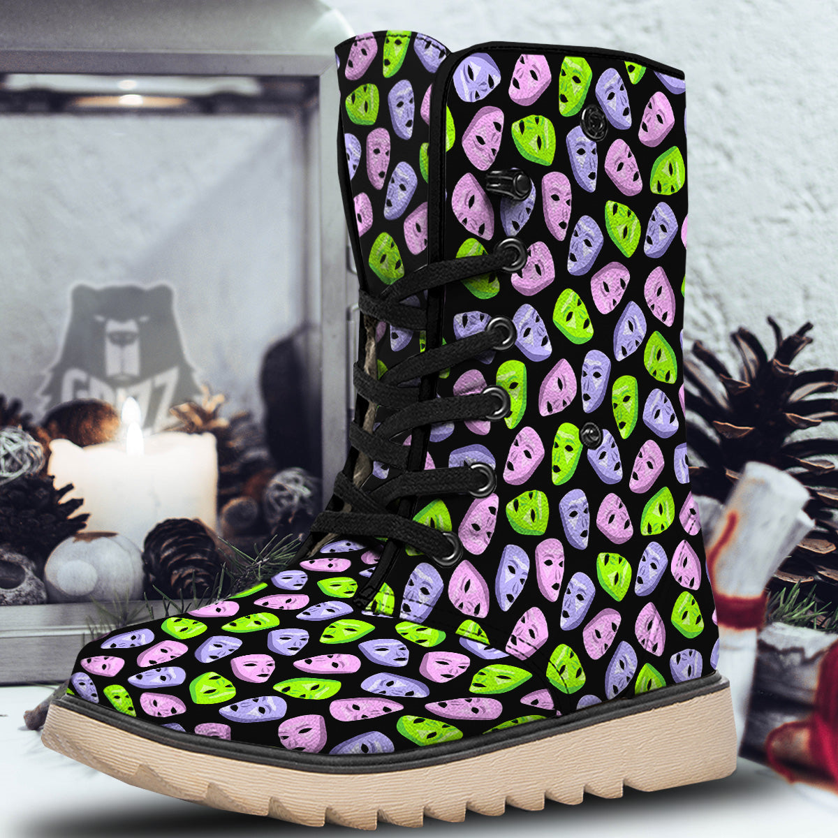 Pink Green And Purple Theater Masks Print Pattern Snow Boots-grizzshop