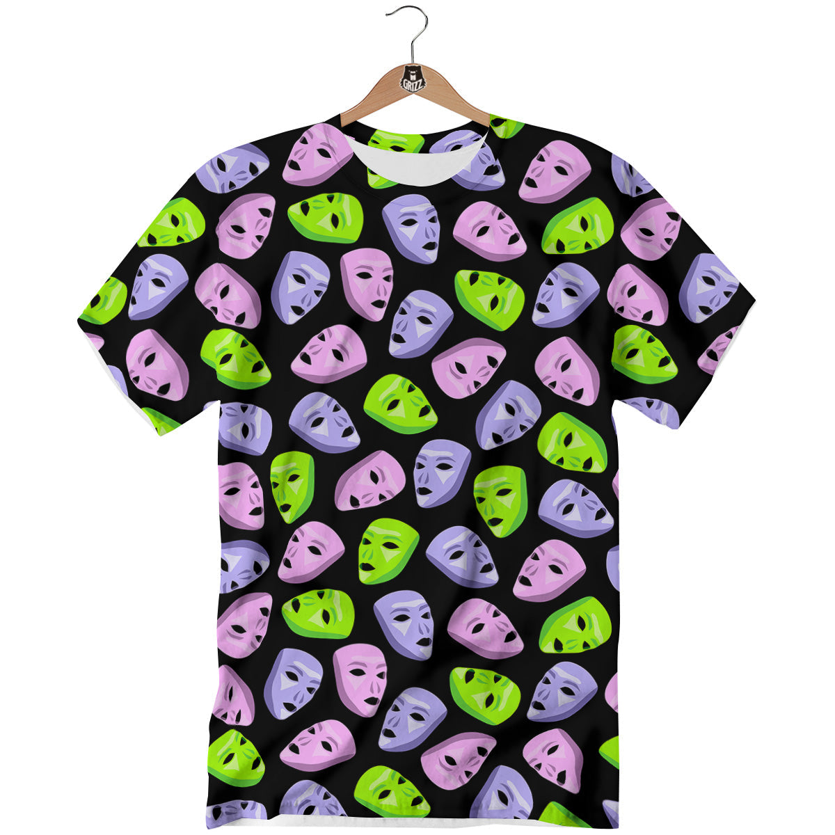 Pink Green And Purple Theater Masks Print Pattern T-Shirt-grizzshop
