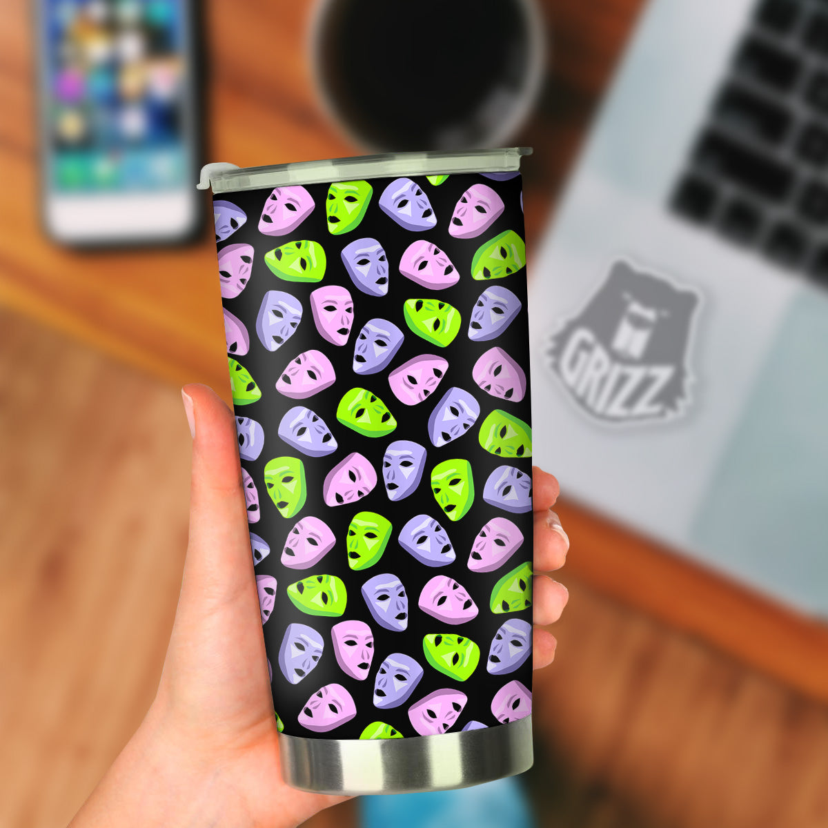 Pink Green And Purple Theater Masks Print Pattern Tumbler-grizzshop