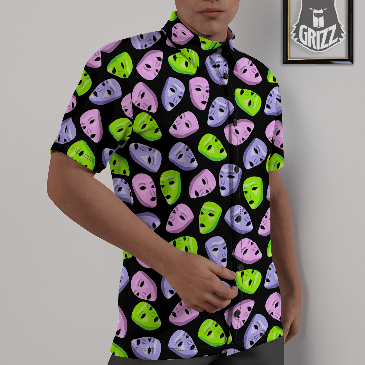 Pink Green And Purple Theater Masks Print Pattern Untucked Shirts-grizzshop