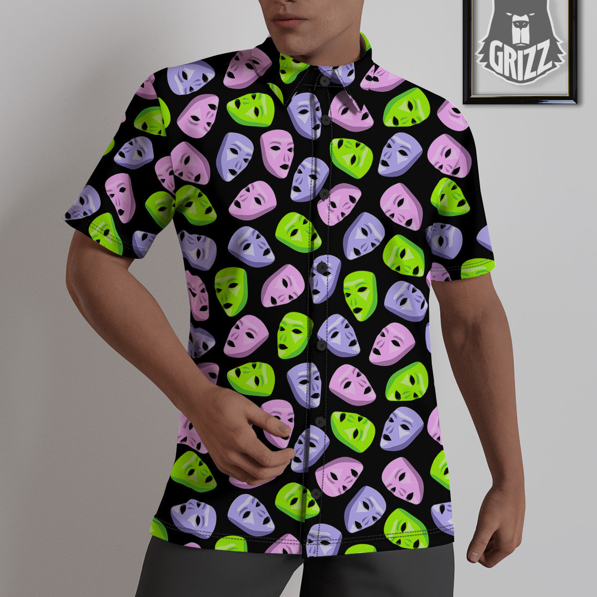 Pink Green And Purple Theater Masks Print Pattern Untucked Shirts-grizzshop