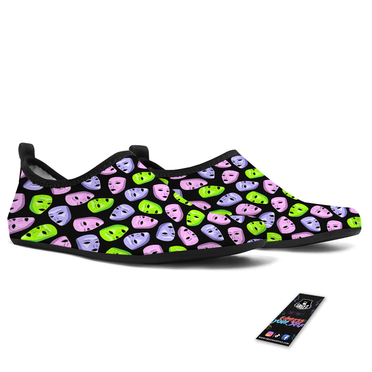 Pink Green And Purple Theater Masks Print Pattern Water Shoes-grizzshop