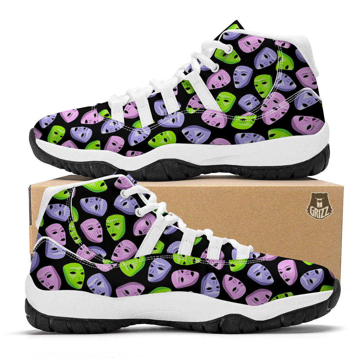 Pink Green And Purple Theater Masks Print Pattern White Bball Shoes-grizzshop