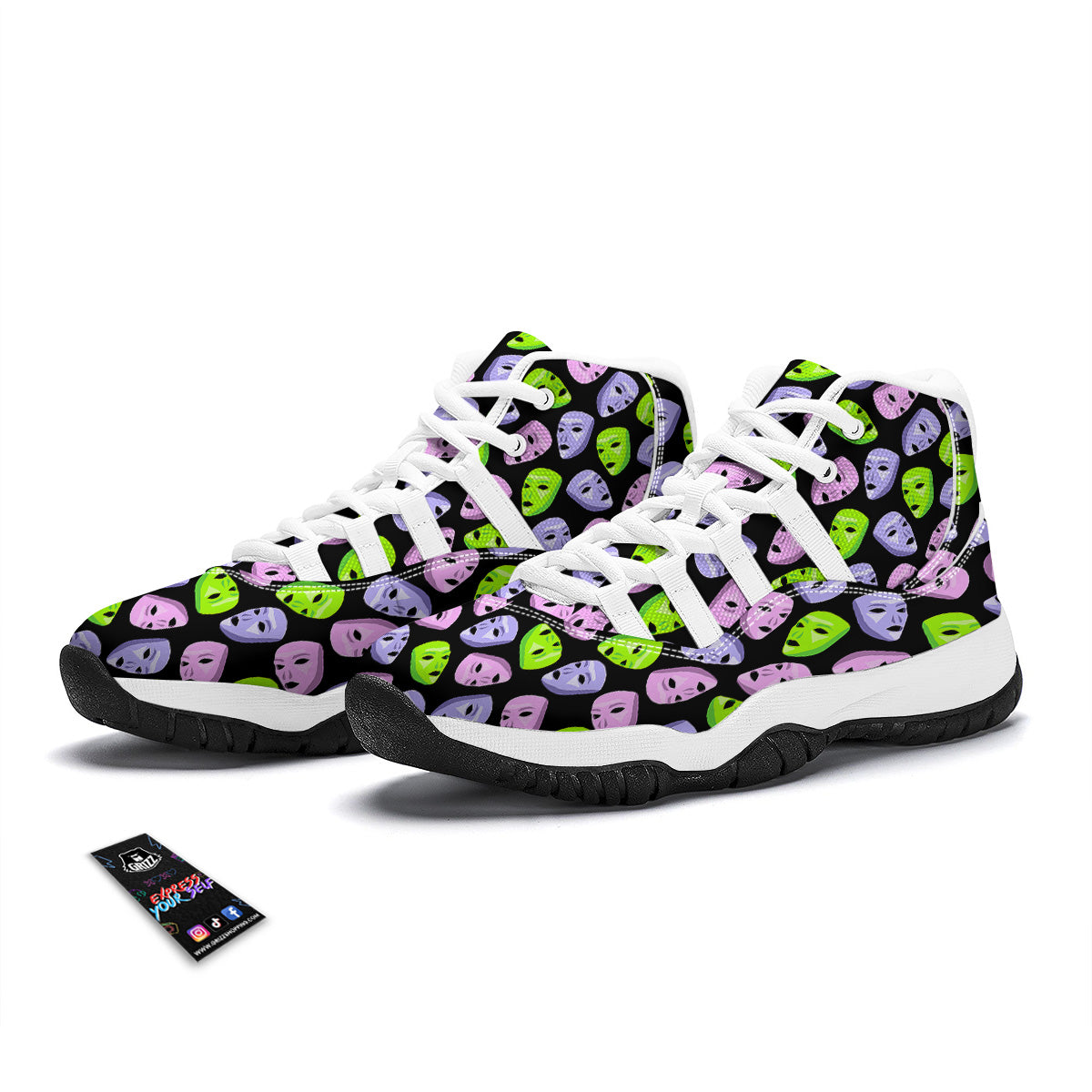 Pink Green And Purple Theater Masks Print Pattern White Bball Shoes-grizzshop