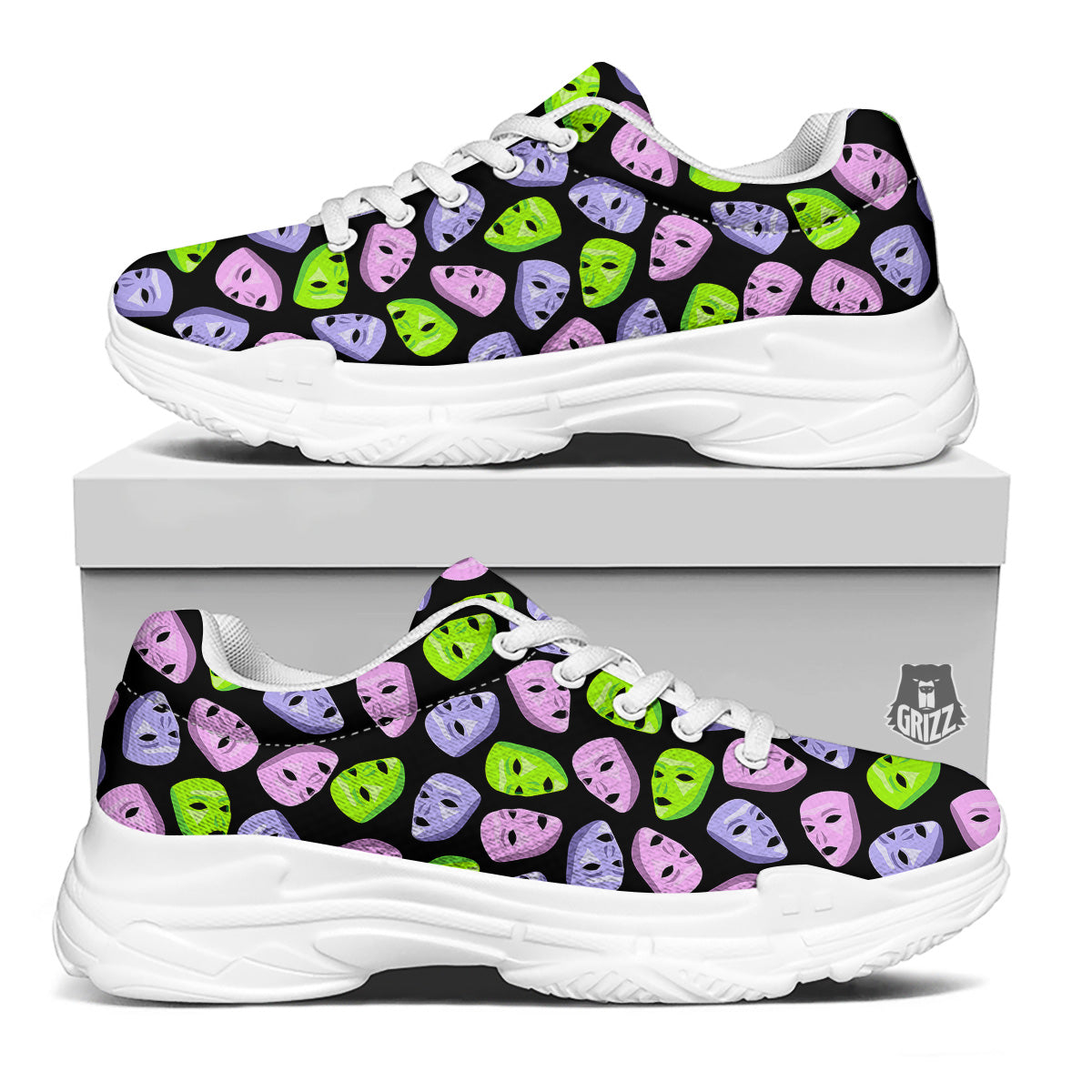 Pink Green And Purple Theater Masks Print Pattern White Chunky Shoes-grizzshop