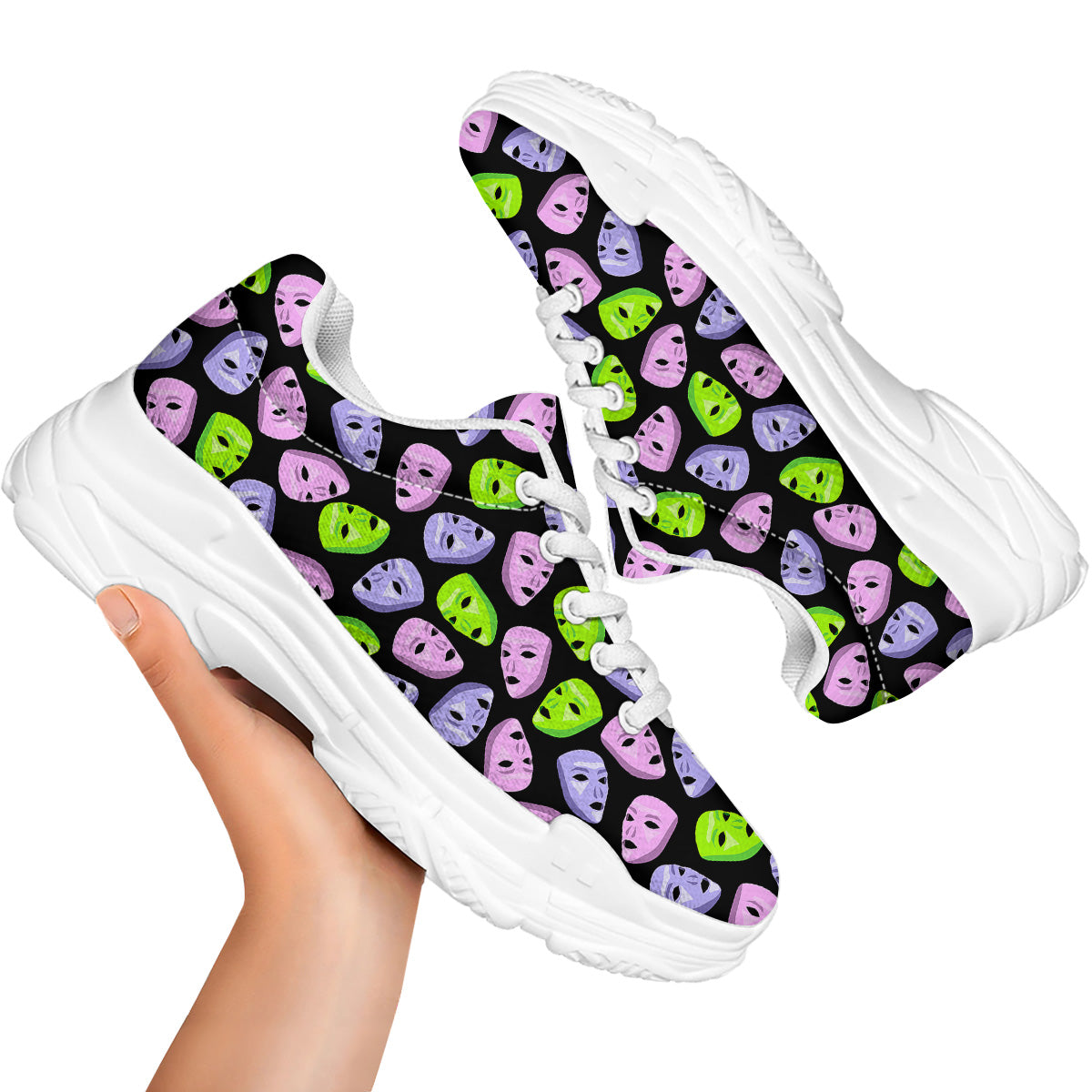 Pink Green And Purple Theater Masks Print Pattern White Chunky Shoes-grizzshop