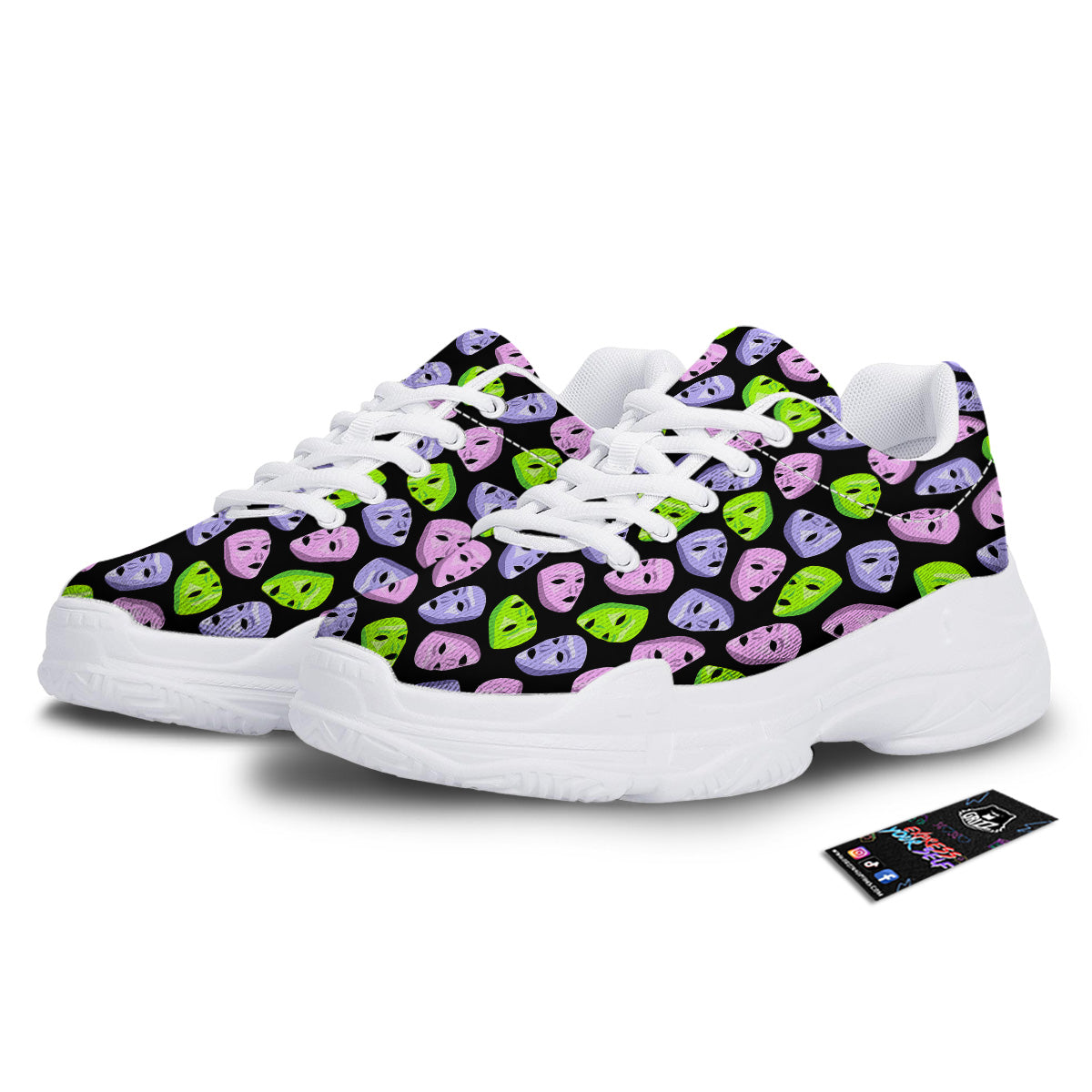Pink Green And Purple Theater Masks Print Pattern White Chunky Shoes-grizzshop