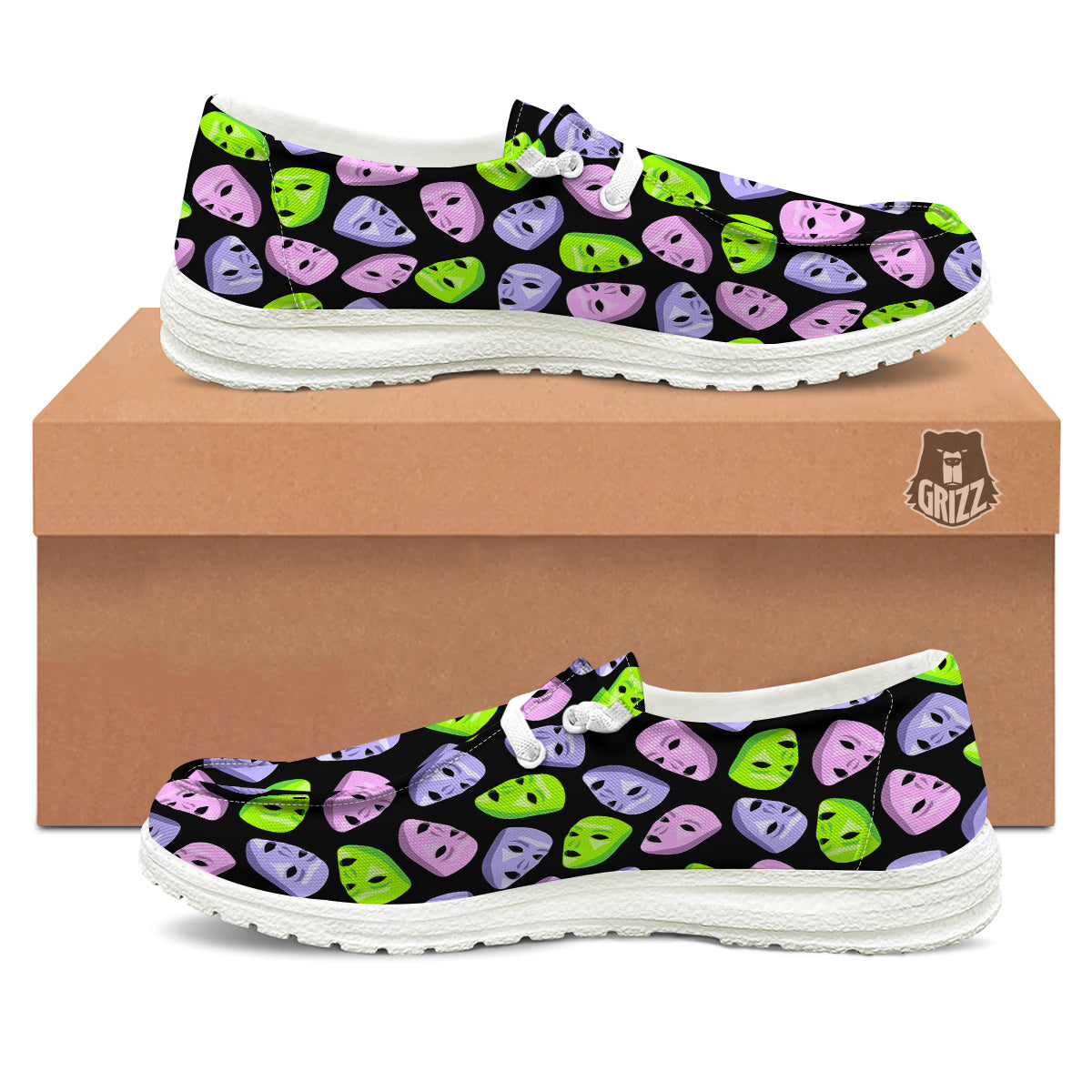 Pink Green And Purple Theater Masks Print Pattern White Loafers-grizzshop
