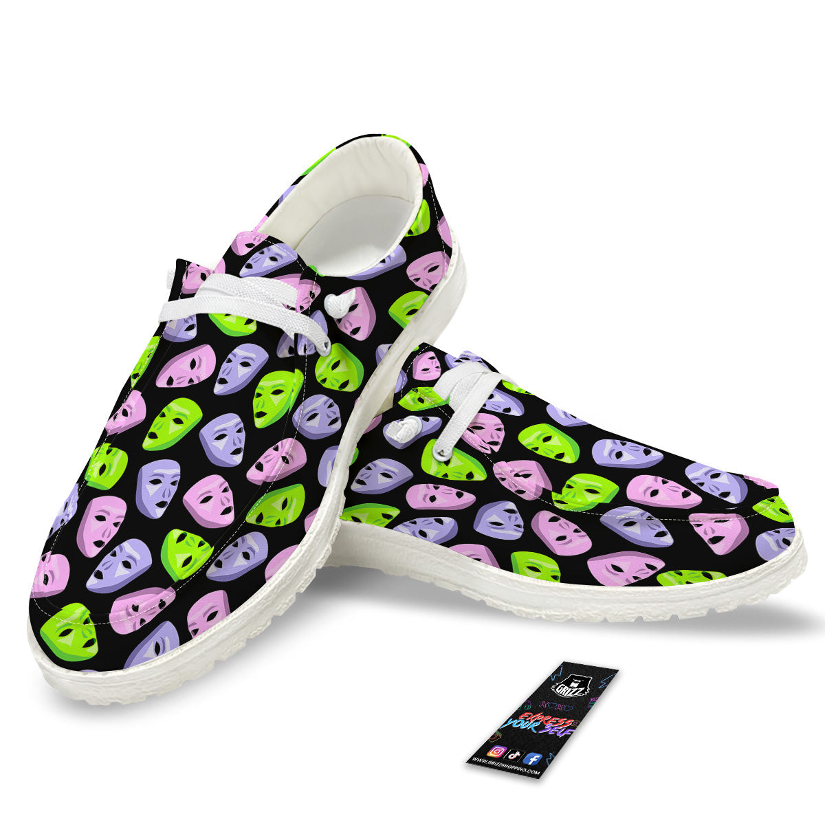 Pink Green And Purple Theater Masks Print Pattern White Loafers-grizzshop