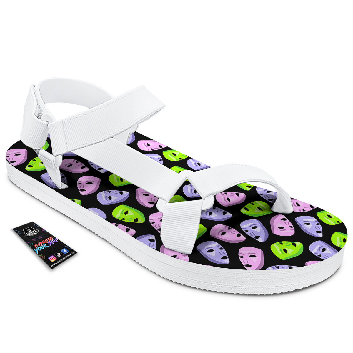 Pink Green And Purple Theater Masks Print Pattern White Open Toe Sandals-grizzshop
