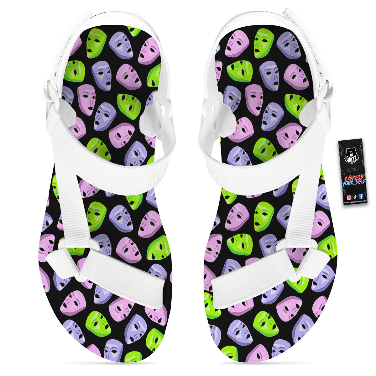 Pink Green And Purple Theater Masks Print Pattern White Open Toe Sandals-grizzshop