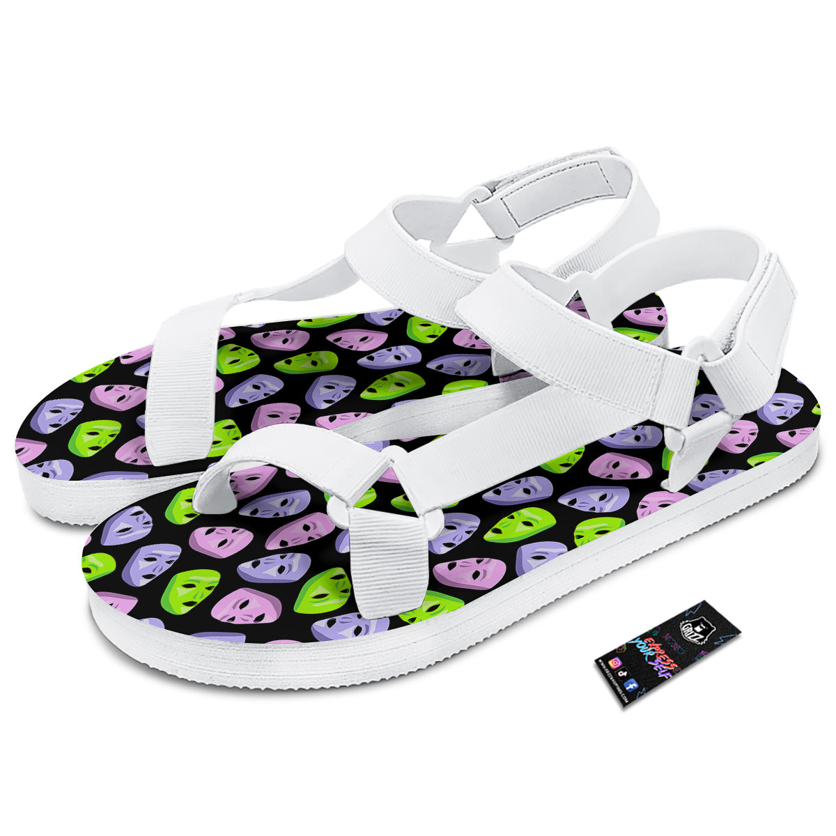 Pink Green And Purple Theater Masks Print Pattern White Open Toe Sandals-grizzshop