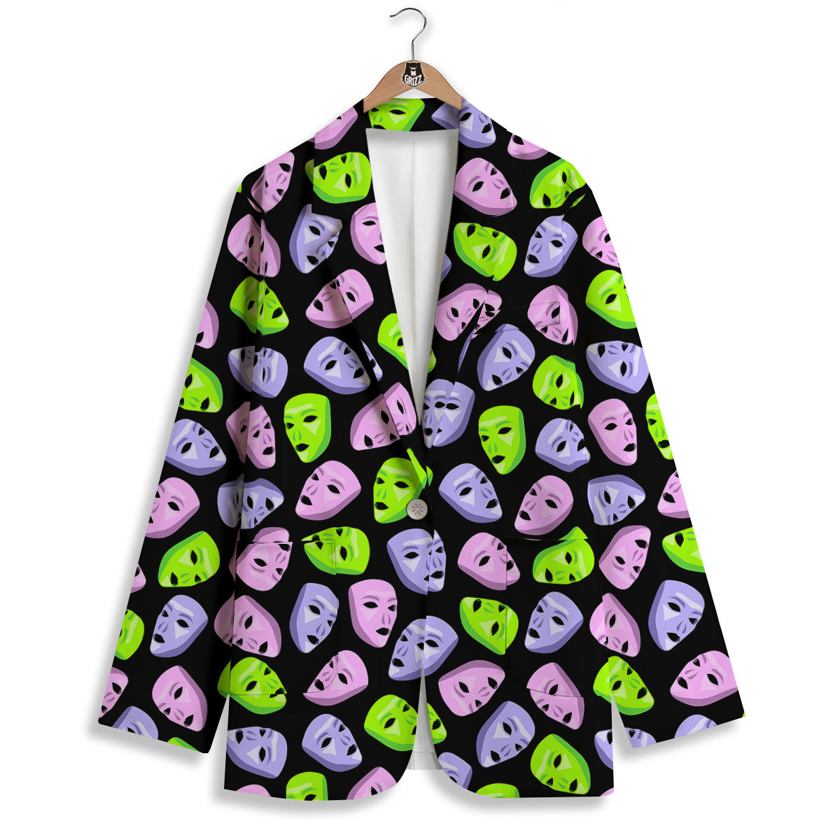 Pink Green And Purple Theater Masks Print Pattern Women's Blazer-grizzshop