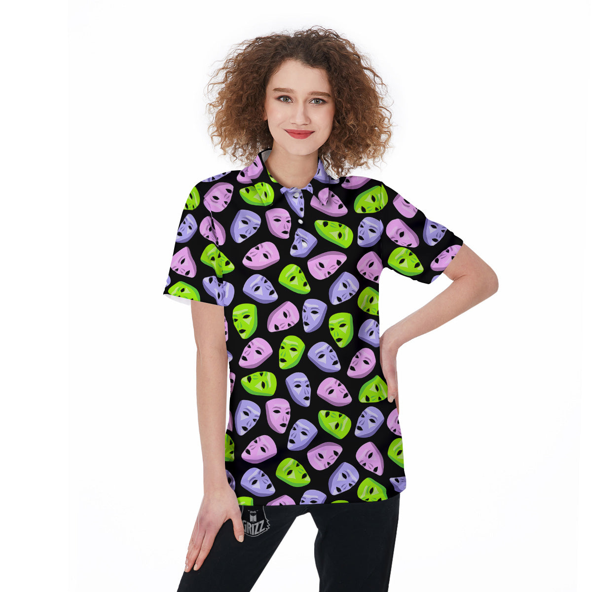 Pink Green And Purple Theater Masks Print Pattern Women's Golf Shirts-grizzshop