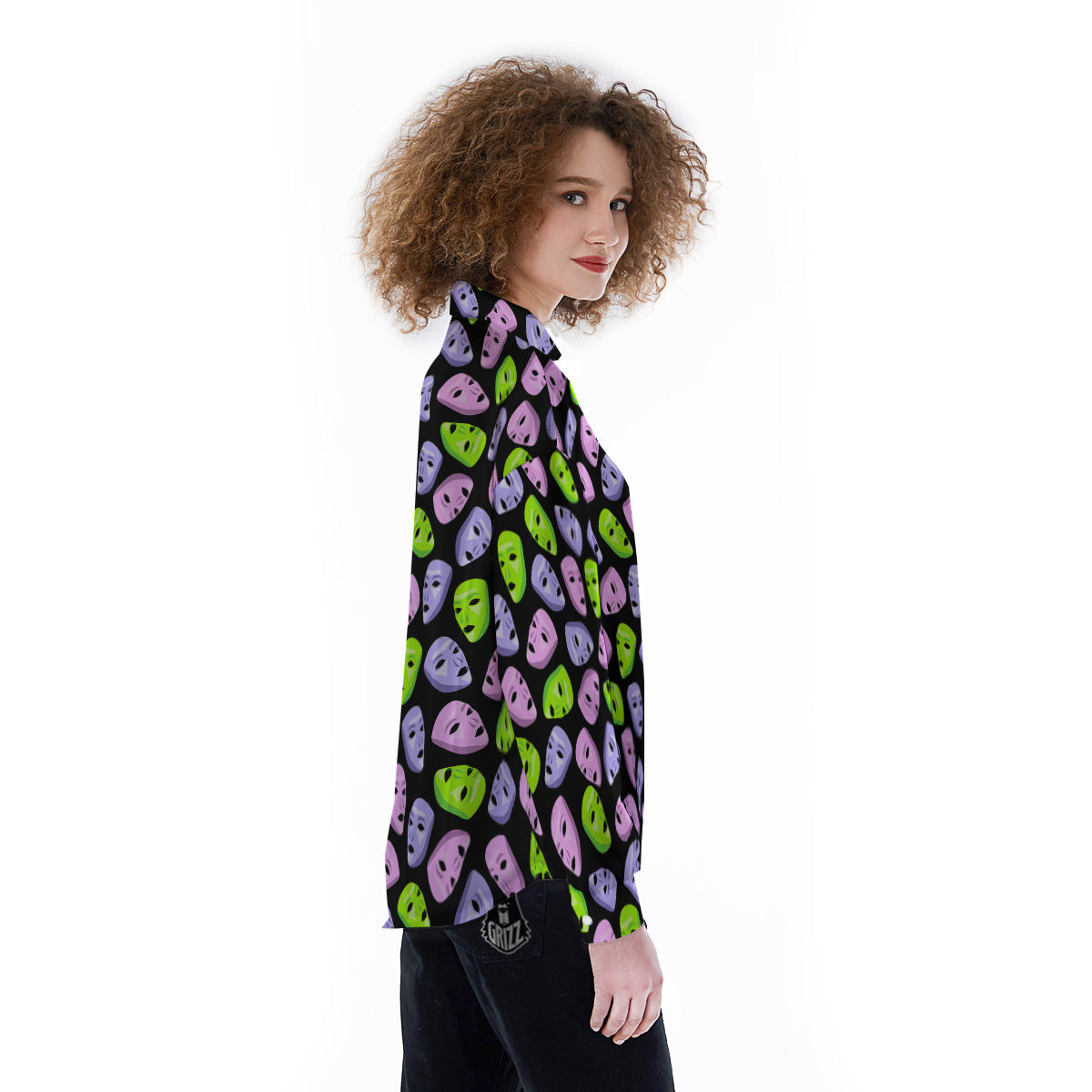 Pink Green And Purple Theater Masks Print Pattern Women's Long Sleeve Shirts-grizzshop